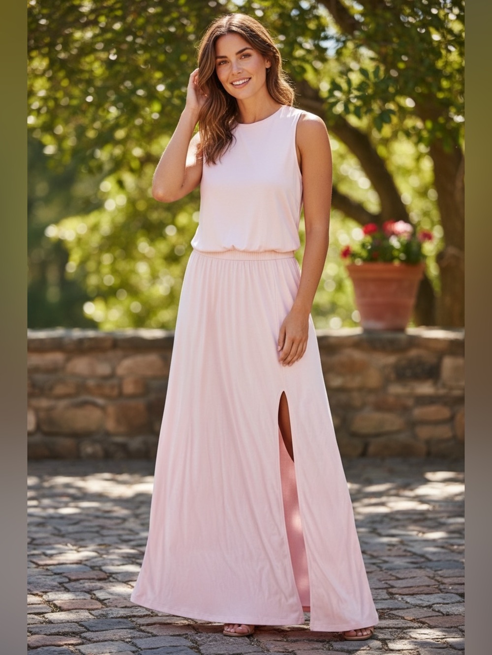 NEW COZY BABY PINK MAXI DRESS SLEEVELESS FRONT SLIP 99% COTTON ELASTIC WAIST LG